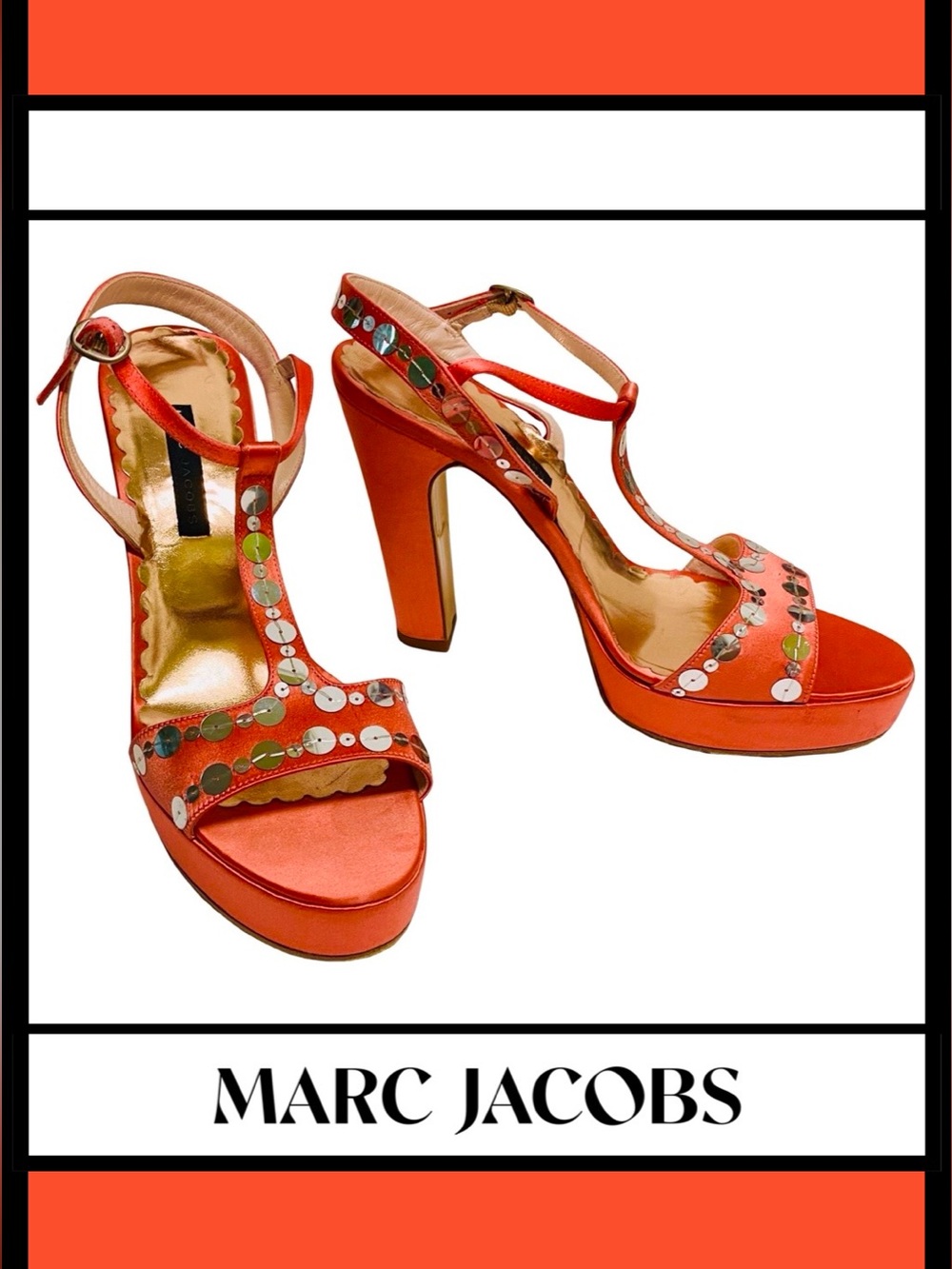 MARC JACOBS Italy Coral Silk Satin Platform Sandal Shoes w/ Silver Sequins 9M